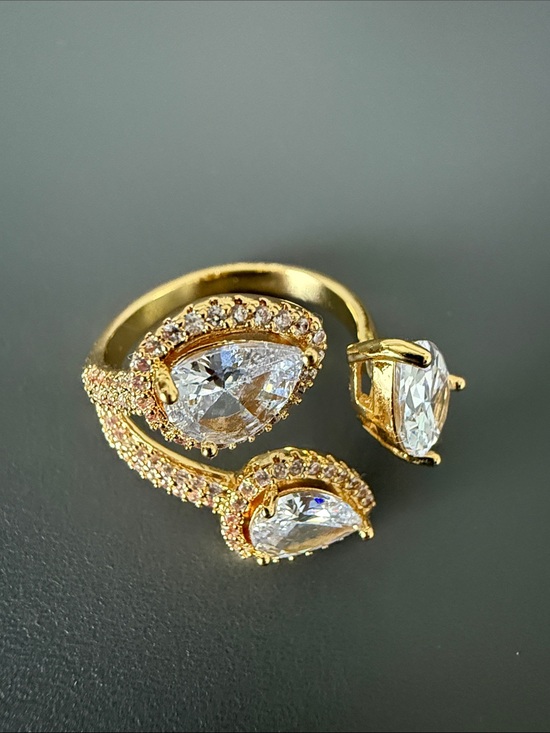Jewelry - Gold Teardrop CZ Open Cocktail Ring - Women's Fashion Jewelry